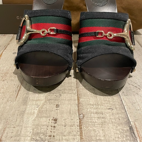 Authentic GUCCI  Horsebit Monogram Canvas And Wood
Heels Clogs Mules Sz 8 - Picture 7 of 11